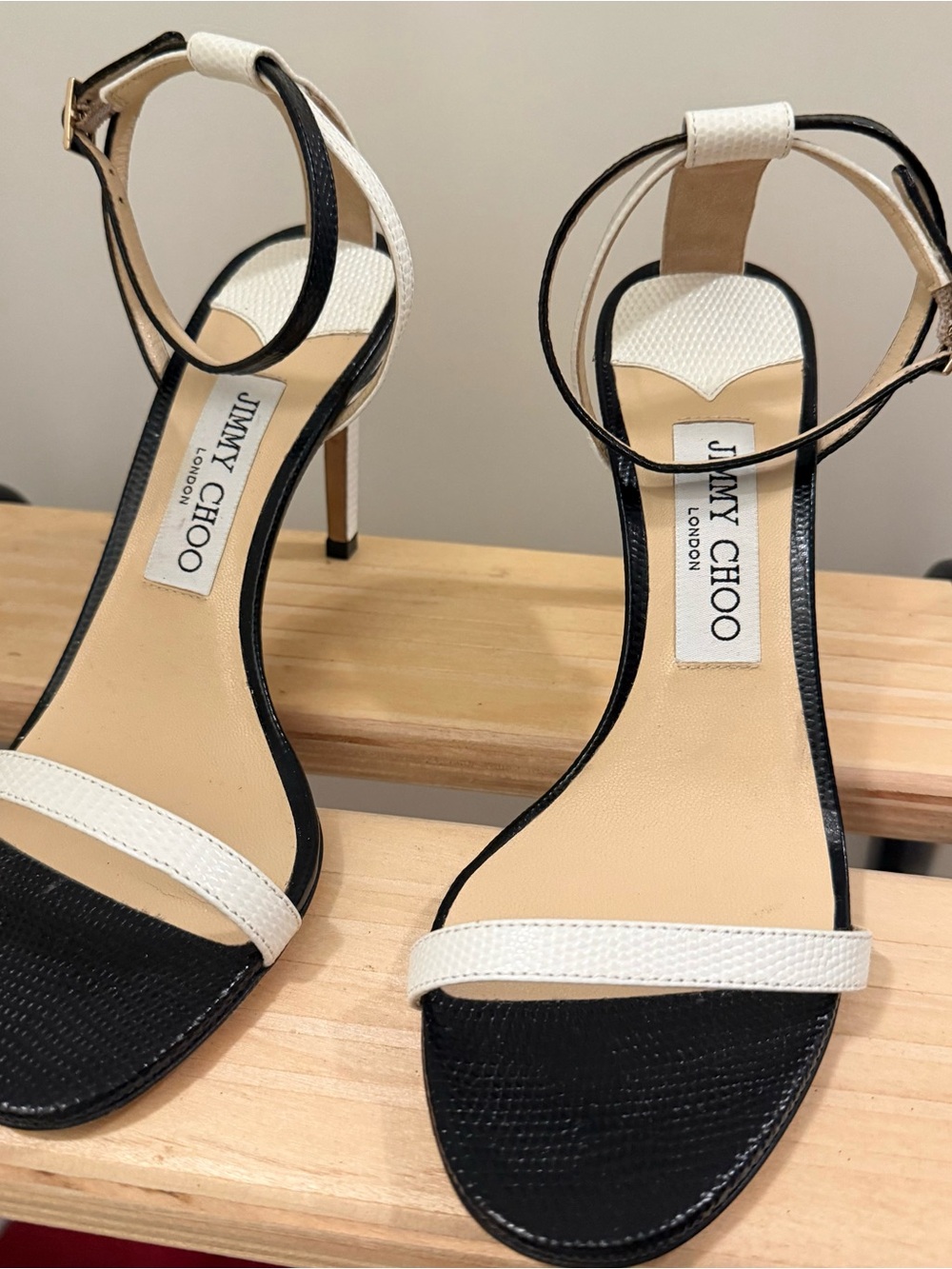 Jimmy choo Minny Lizard print black and white leather sandals heels Size 37